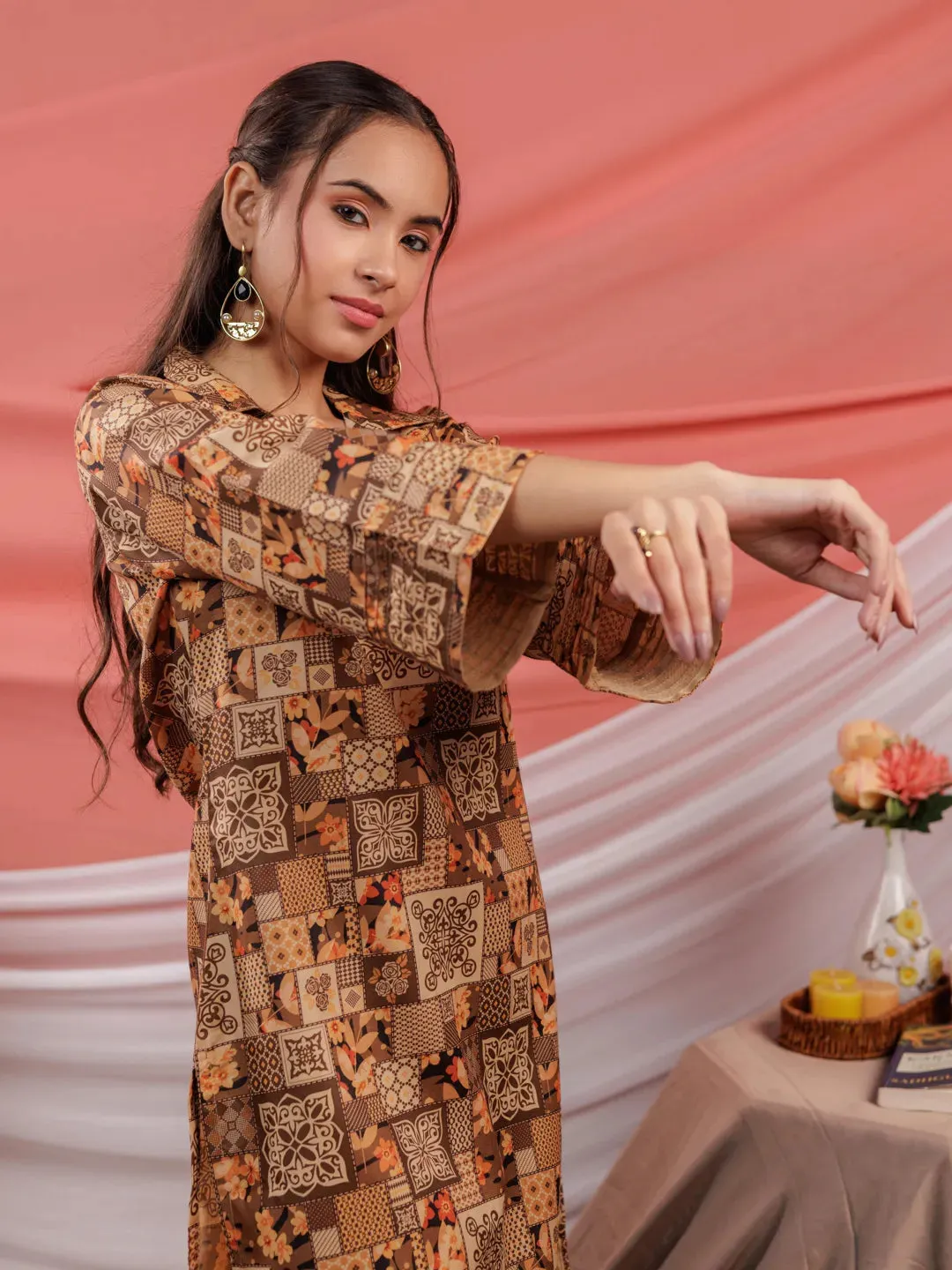 Cotton Brown Digital Printed Workwear Co Ord Set With Pintuck Detailing On Sleeves