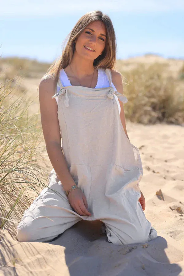 Cream Cotton and Linen Flowing Overalls