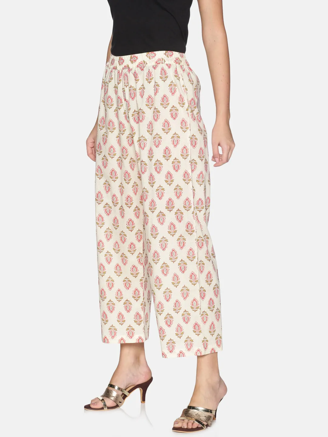 Cream Cotton Printed Narrow Palazzo