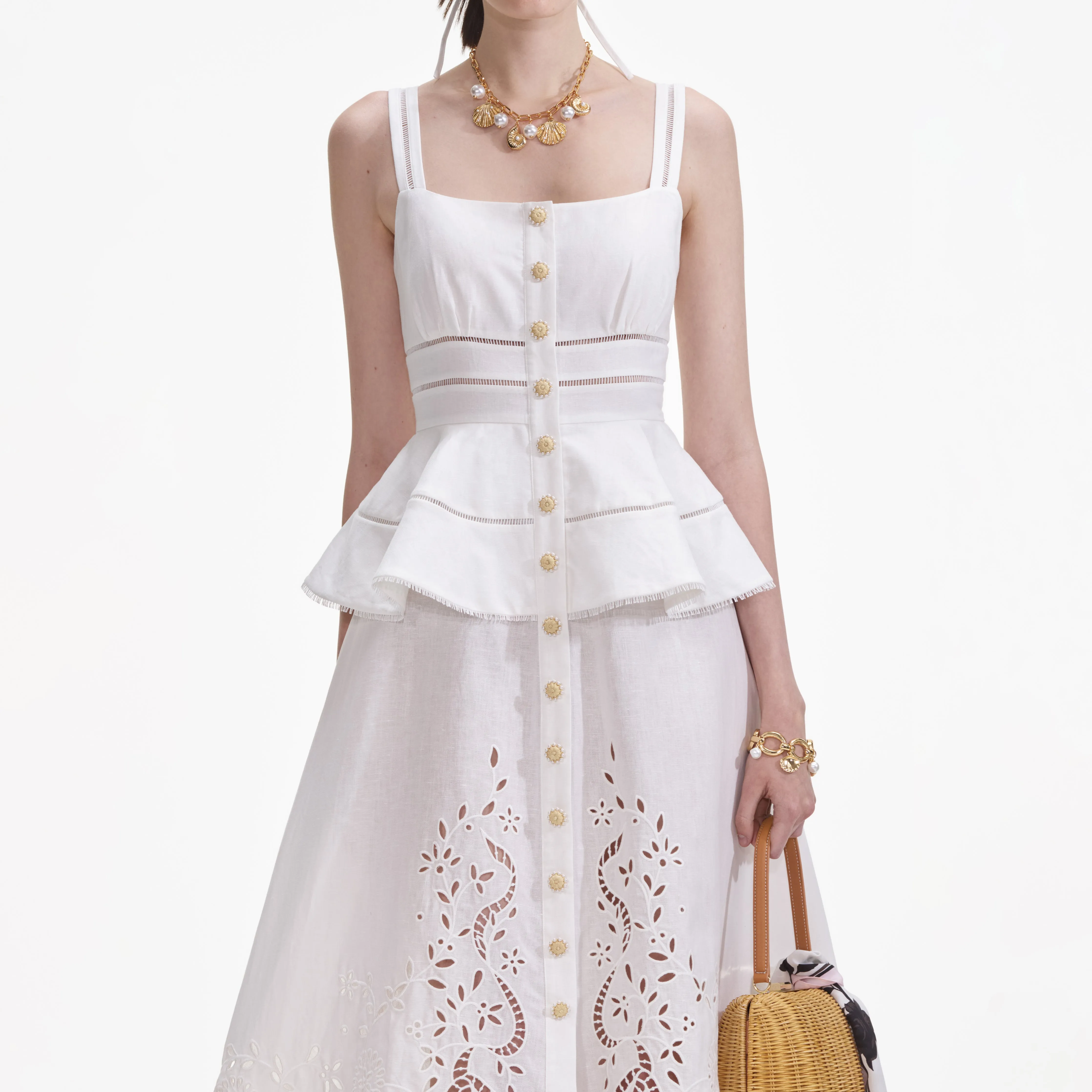 Cream Linen Peplum Midi Dress
