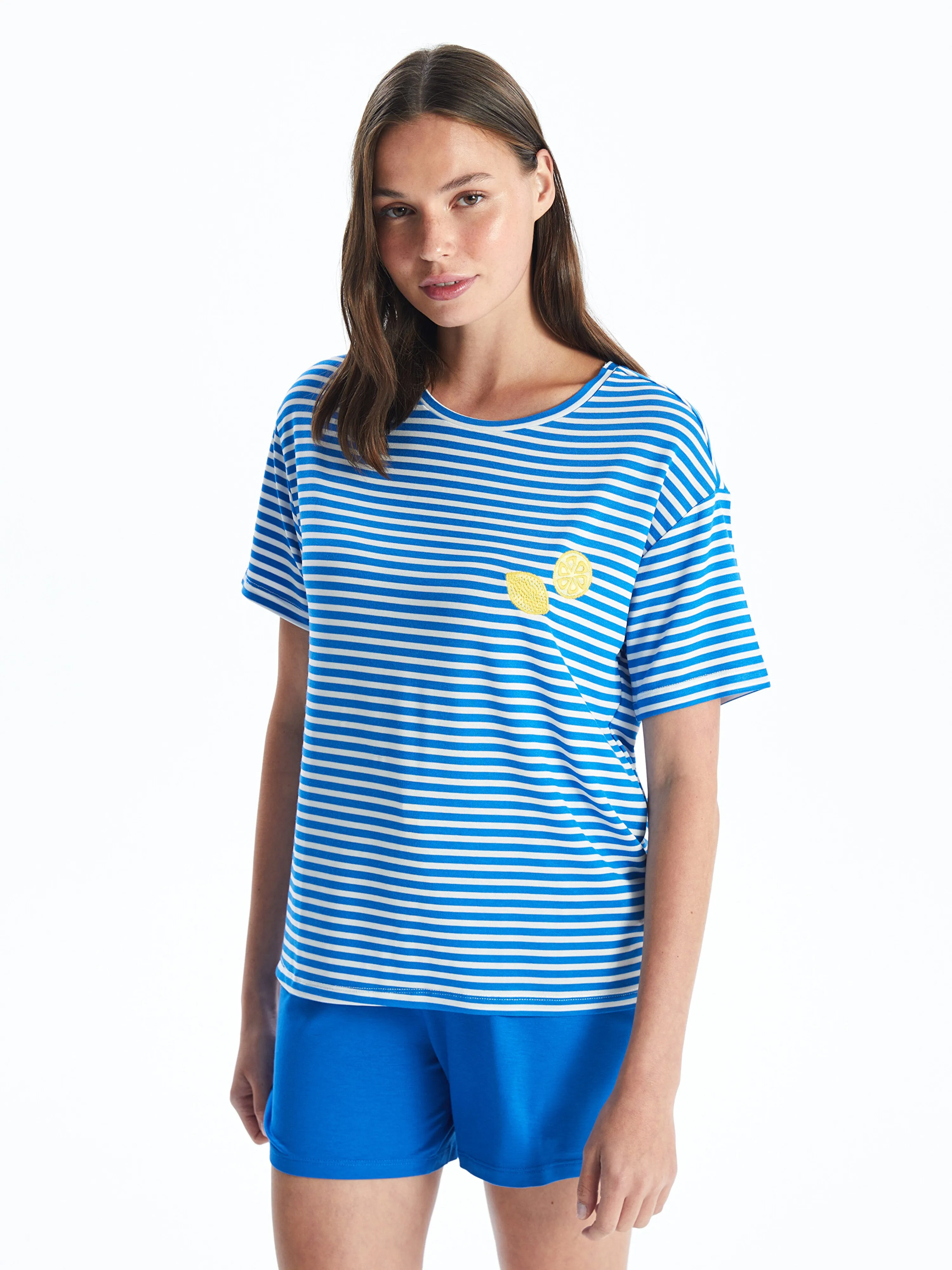 Crew Neck Striped Short Sleeve Women Pajama Set with Shorts
