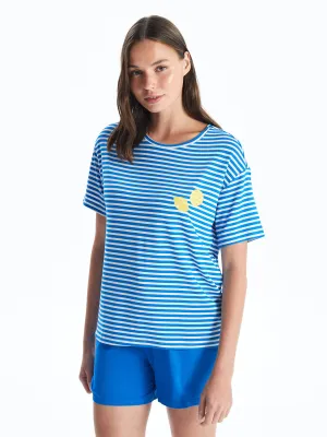 Crew Neck Striped Short Sleeve Women Pajama Set with Shorts