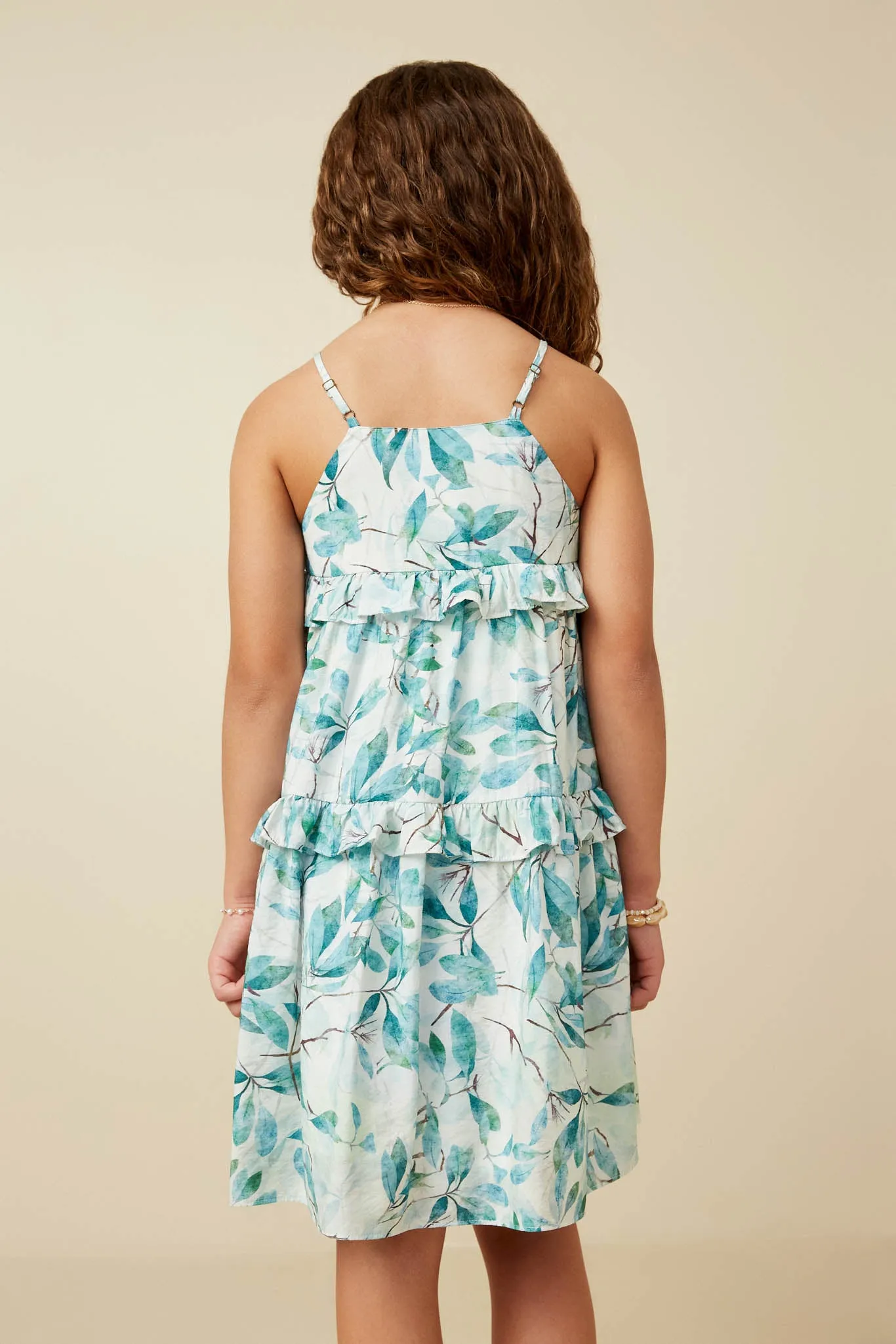 Crushed Satin Textured Ruffled Botanical Print Dress
