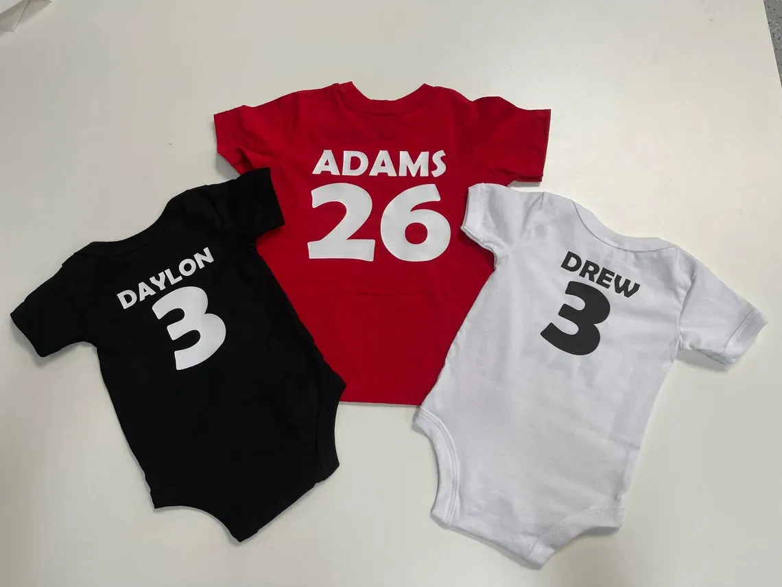 Custom fan onesie jerseys - Sister's Biggest Fan | Brother's Biggest Fan | Softball Onesie and T-shirt with name and number on back. Sibling sports custom t-shirts