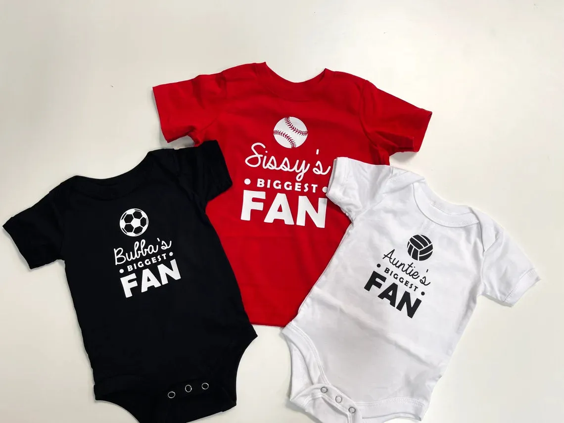 Custom fan onesie jerseys - Sister's Biggest Fan | Brother's Biggest Fan | Softball Onesie and T-shirt with name and number on back. Sibling sports custom t-shirts