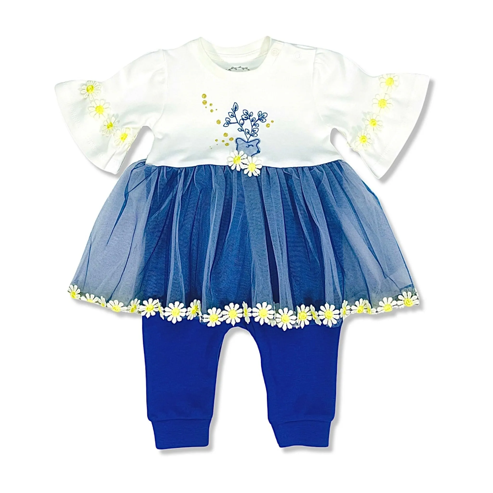 Cute Deer and Daisies Ornament - Girl Romper Dress with Tulle Skirt