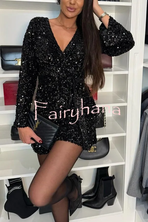 Dancing Queen Sequin Long Bell Sleeve Elastic Waist Tie-up Loose Romper