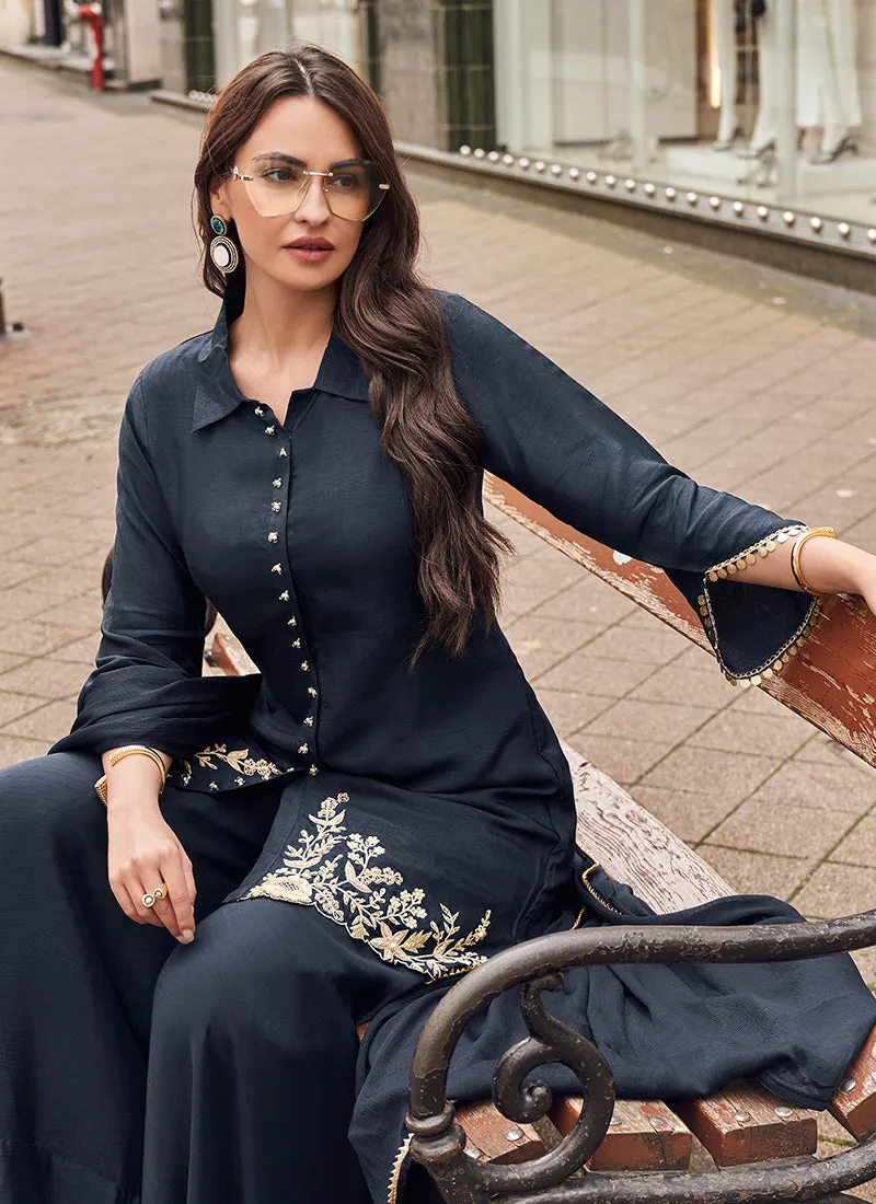 Dark Blue Handwork Embroidery Party Wear Palazzo Suit