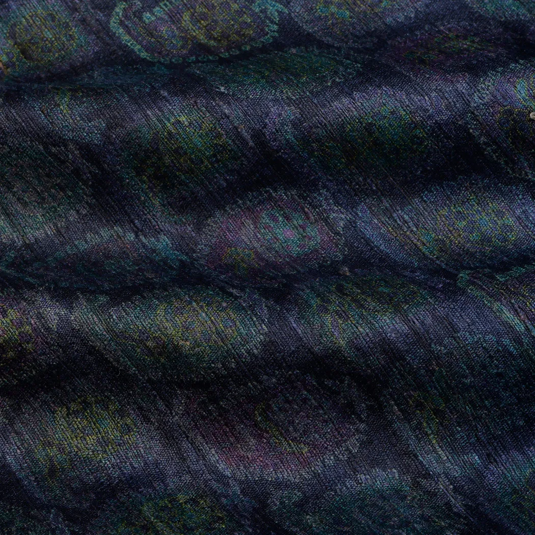 Dark Blue Tussar Fabric With Printed Floral Paisley Motifs