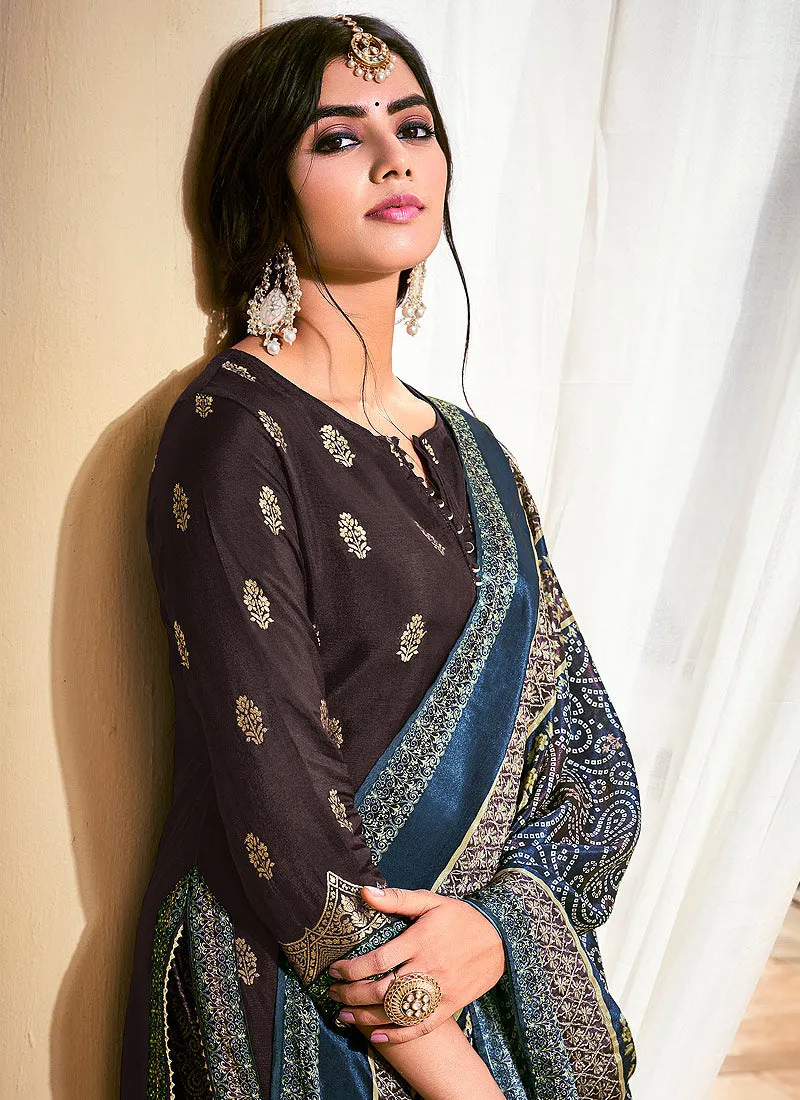 Dark Brown Aariwork Digital Print Palazzo Suit