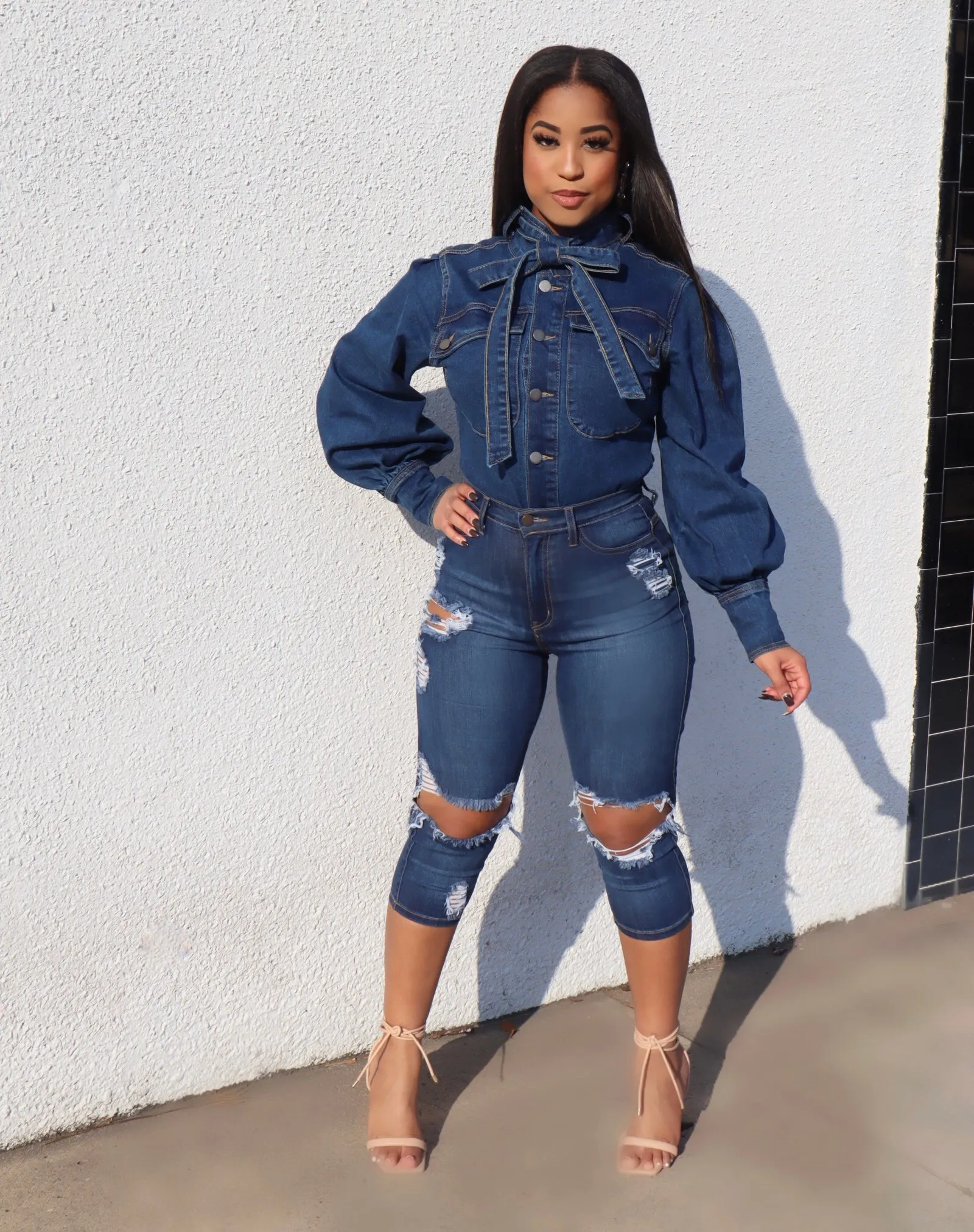 Dark Denim Bow Top
