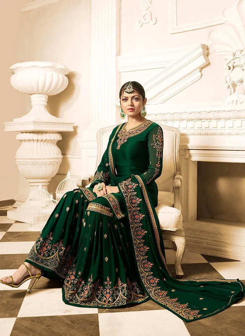 Dark Green Embroidered Designer Gharara Palazzo Suit