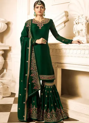 Dark Green Embroidered Designer Gharara Palazzo Suit