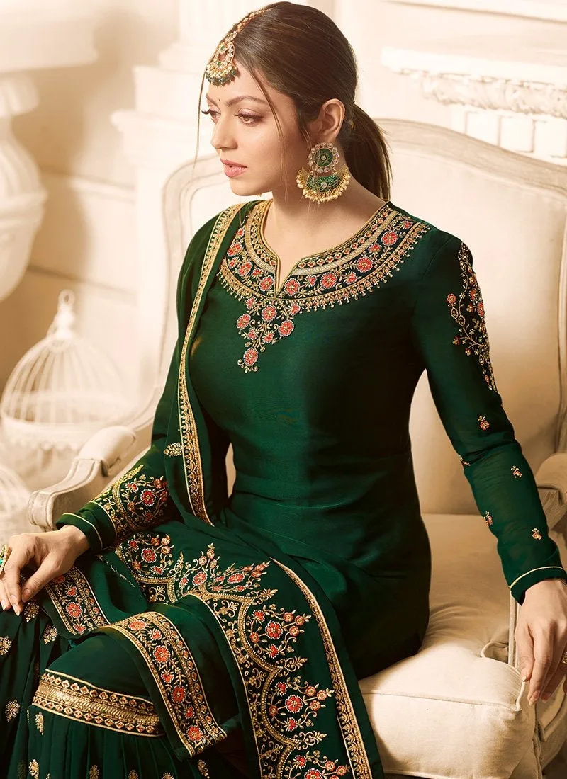 Dark Green Embroidered Designer Gharara Palazzo Suit