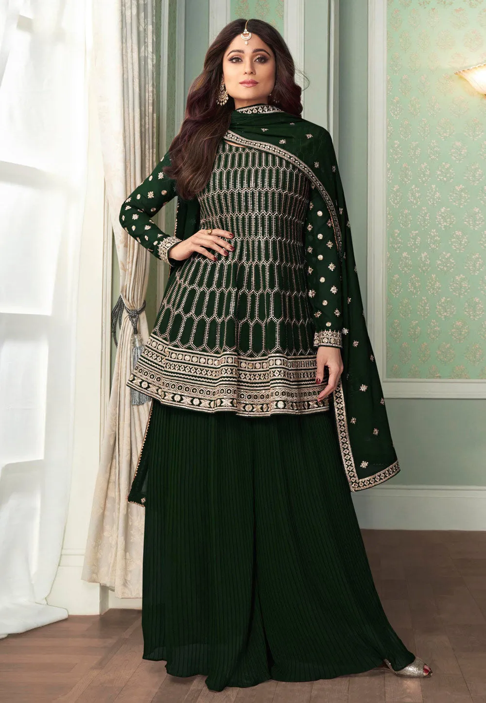 Dark Green Embroidered Peplum Gharara Suit