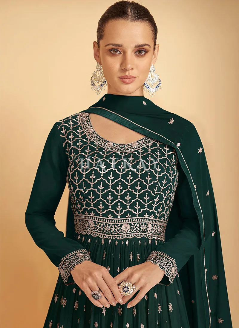 Dark Green Embroidered Peplum Style Lehenga Kurti