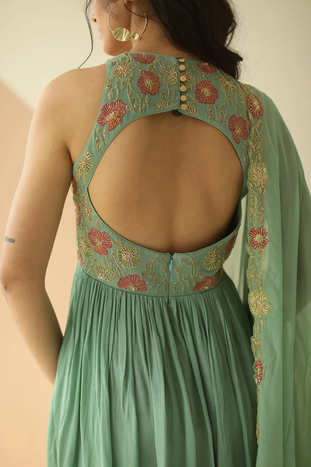 DARK MINT HEAVY YOKE PEPLUM SHARARA WITH CUTWORK BORDER DUPATTA
