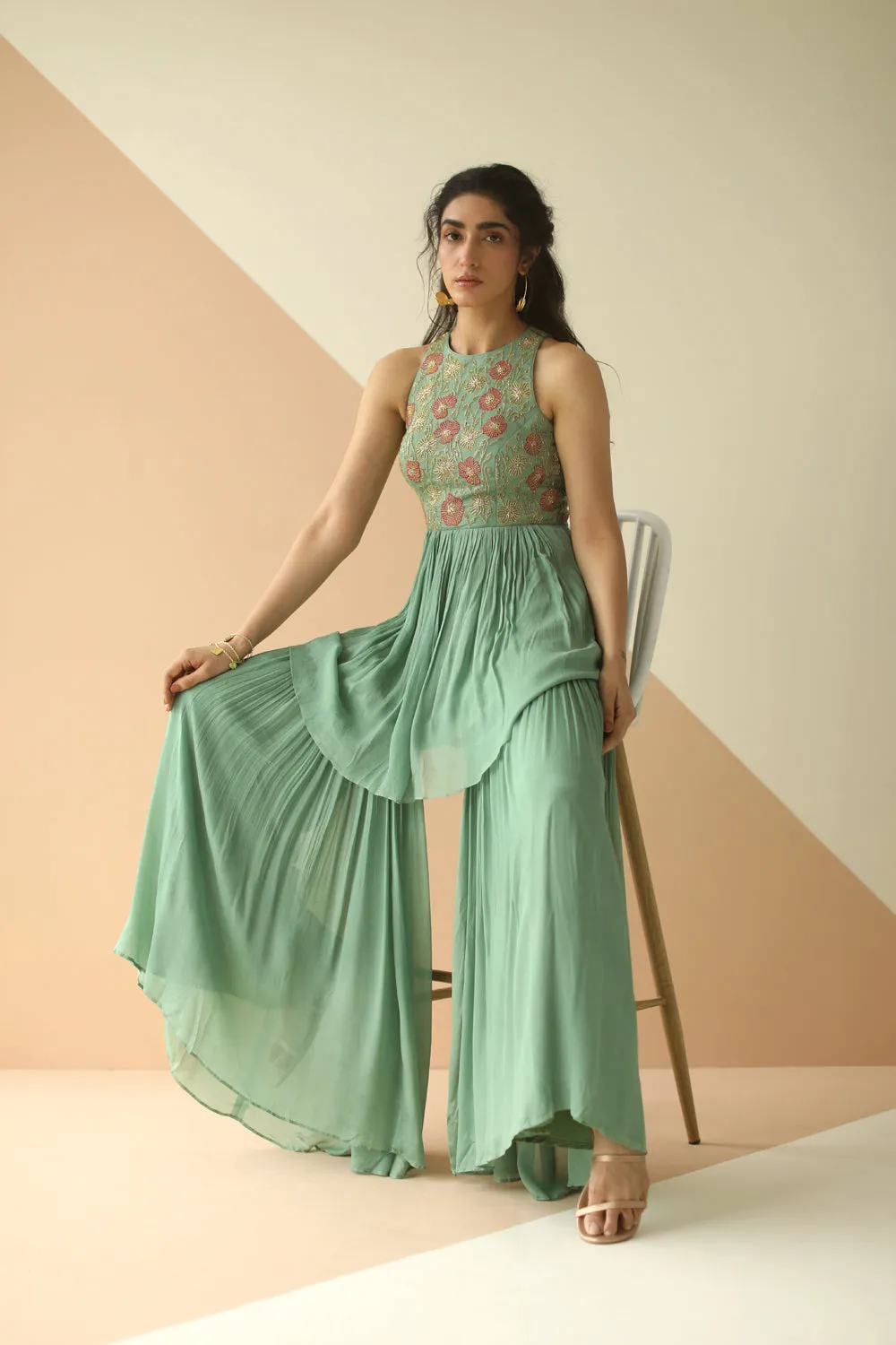 DARK MINT HEAVY YOKE PEPLUM SHARARA WITH CUTWORK BORDER DUPATTA