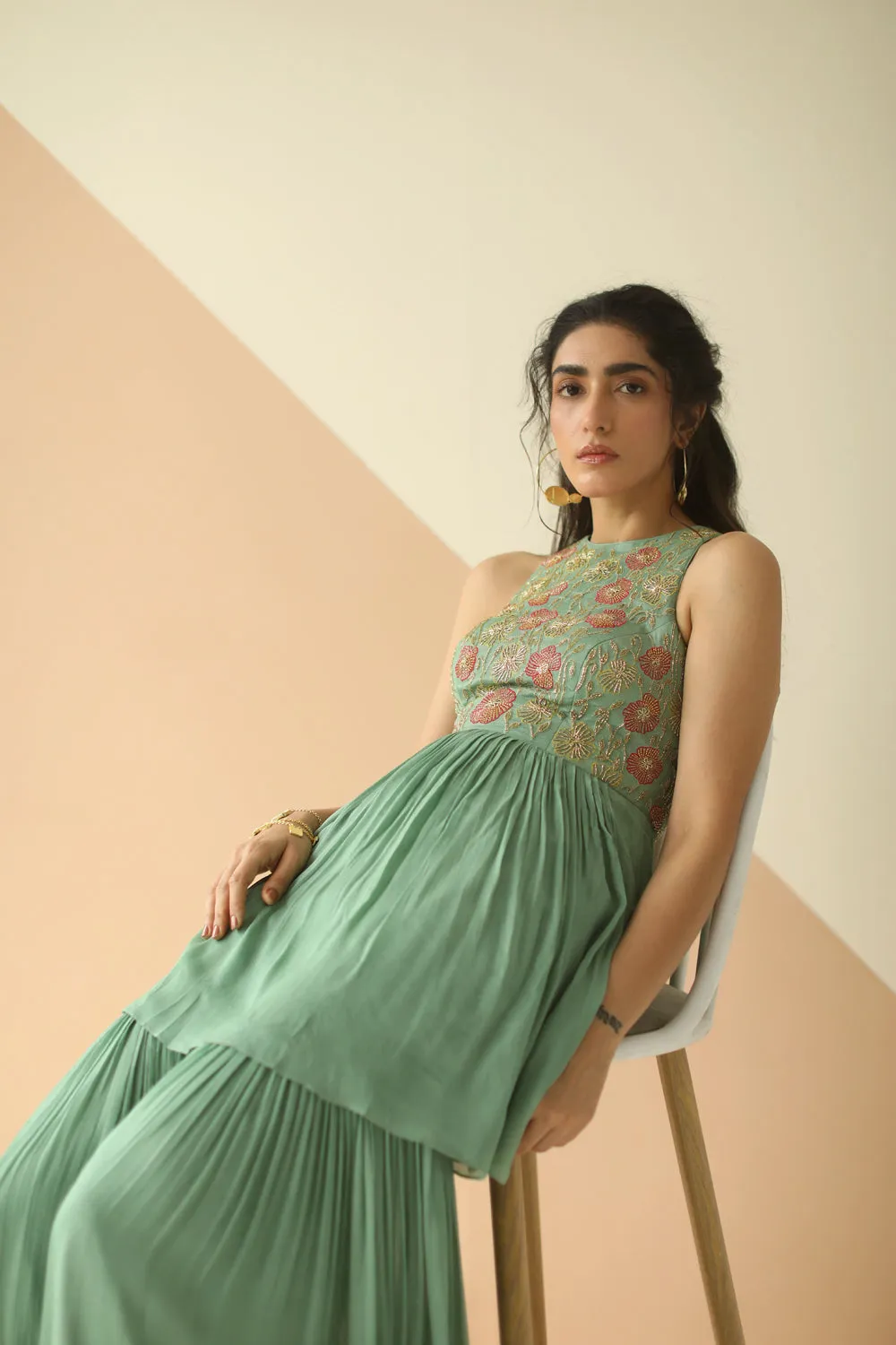 DARK MINT HEAVY YOKE PEPLUM SHARARA WITH CUTWORK BORDER DUPATTA