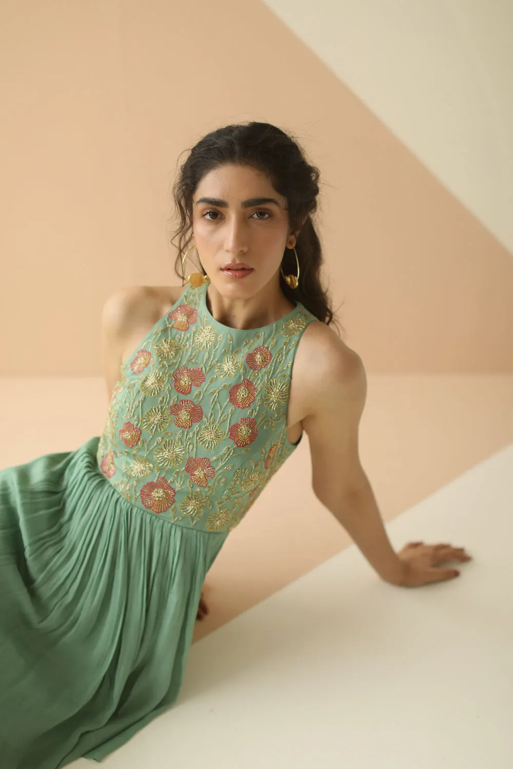 DARK MINT HEAVY YOKE PEPLUM SHARARA WITH CUTWORK BORDER DUPATTA