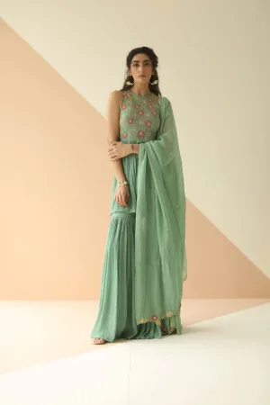 DARK MINT HEAVY YOKE PEPLUM SHARARA WITH CUTWORK BORDER DUPATTA