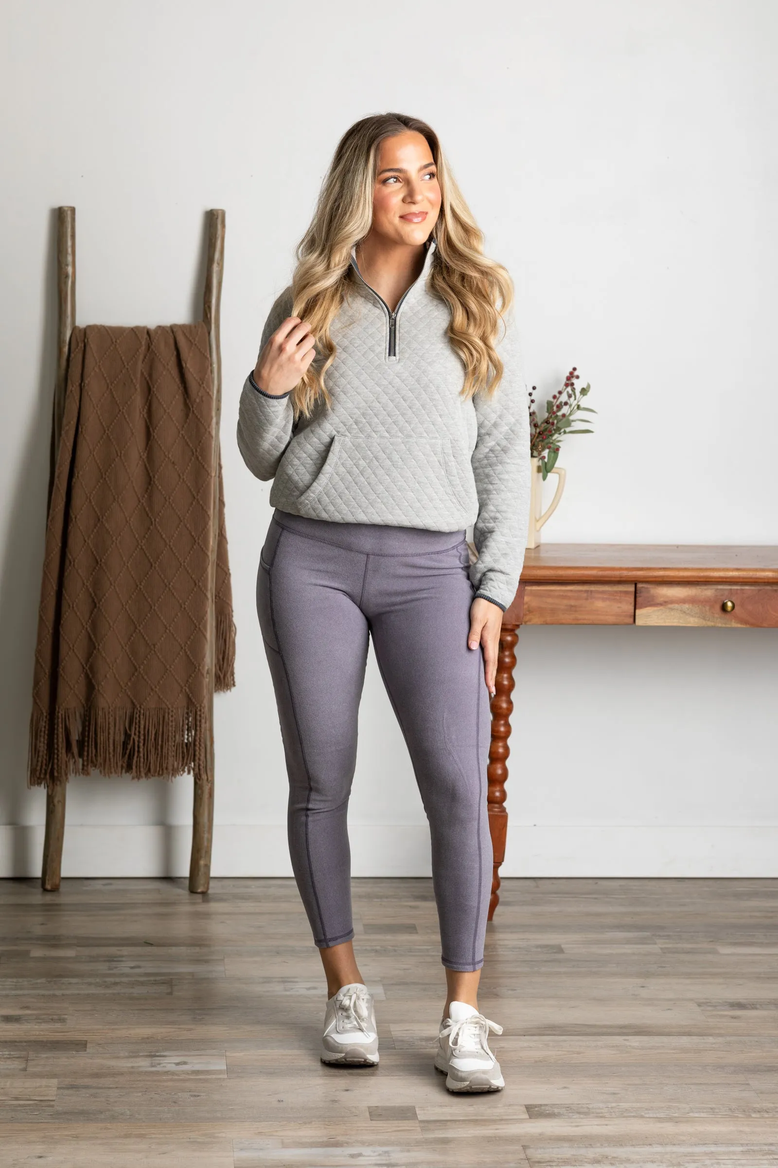Dark Purple Micro-Ribbed High-Waisted Leggings