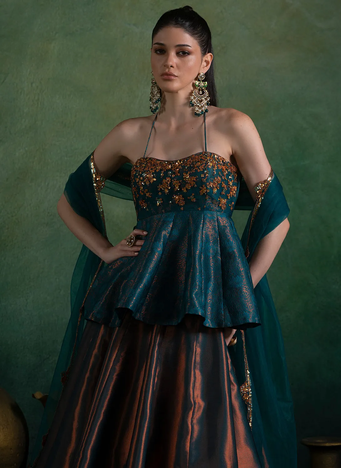 Dark Teal Embroidered Peplum Style Lehenga