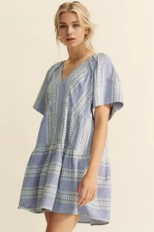 Davi & Dani Embroidered Stripe Ruffled Gingham Mini Dress