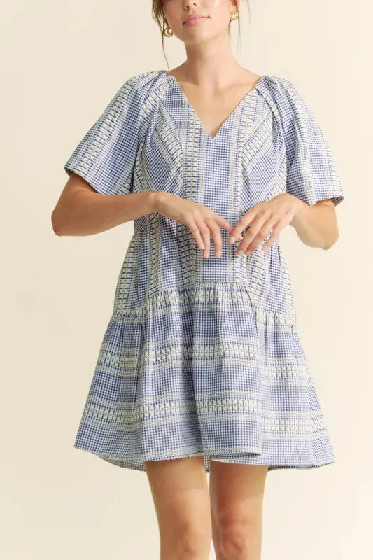 Davi & Dani Embroidered Stripe Ruffled Gingham Mini Dress