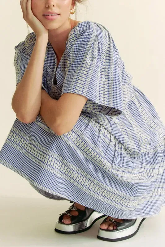Davi & Dani Embroidered Stripe Ruffled Gingham Mini Dress