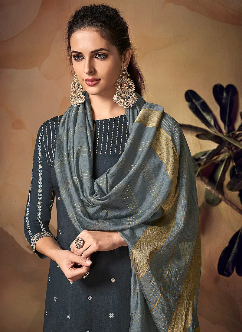 Deep Grey Zari Embroidered Palazzo Suit