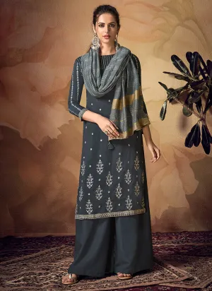 Deep Grey Zari Embroidered Palazzo Suit