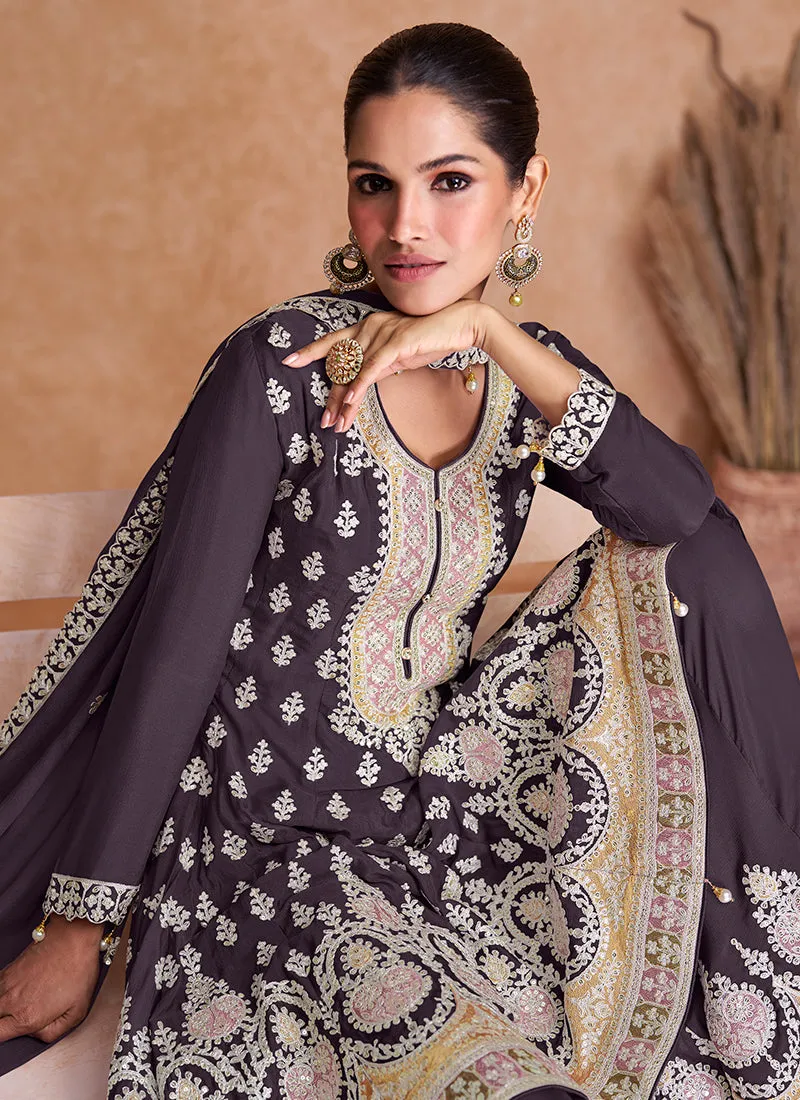 Deep Mauve Multi Embroidery Wedding Gharara Style Suit