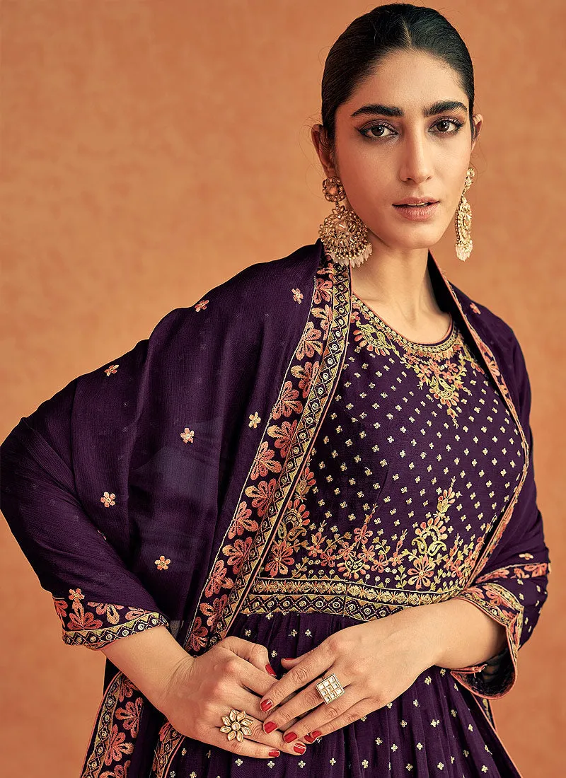 Deep Purple Embroidered Peplum Kurti Lehenga
