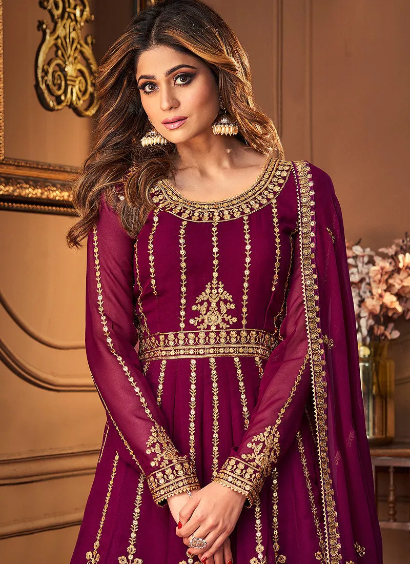 Deep Wine Embroidered Peplum Top and Lehenga