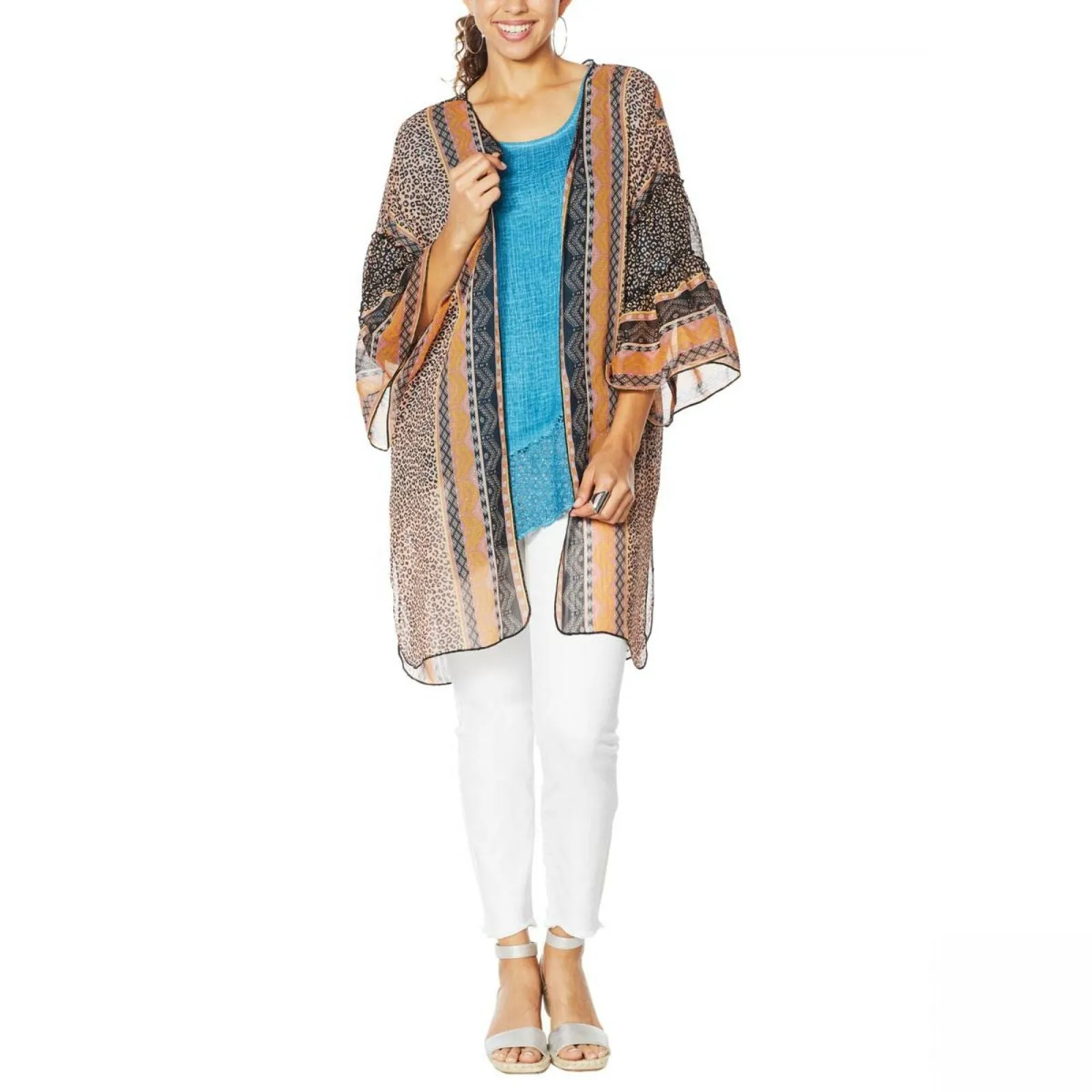Democracy Women's Ruffle Sleeve Printed Kimono