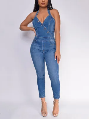 Denim Halter Sleeveless Skinny Jumpsuit
