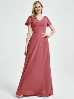 Desert Rose Ruffle Sleeve Backless Maxi Chiffon Empire Bridesmaid Dress