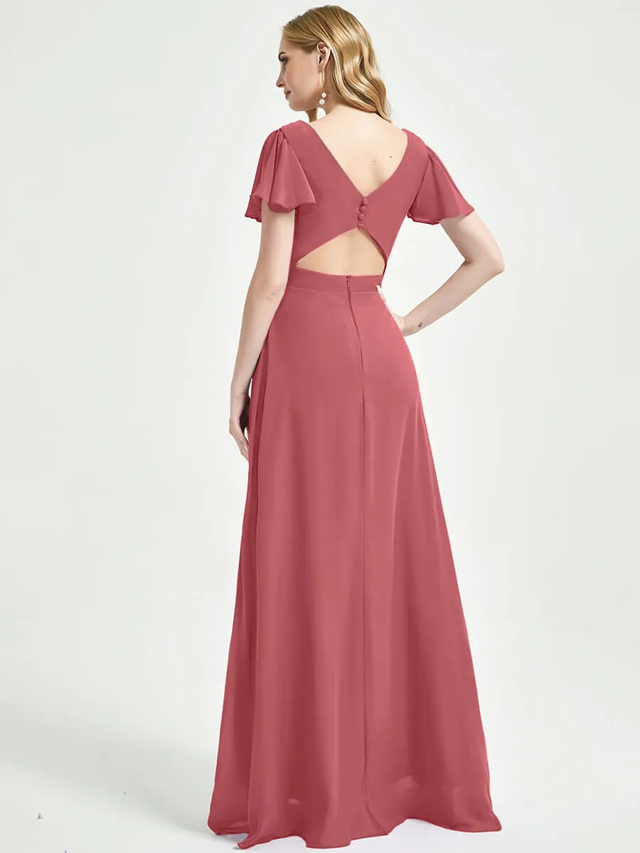Desert Rose Ruffle Sleeve Backless Maxi Chiffon Empire Bridesmaid Dress