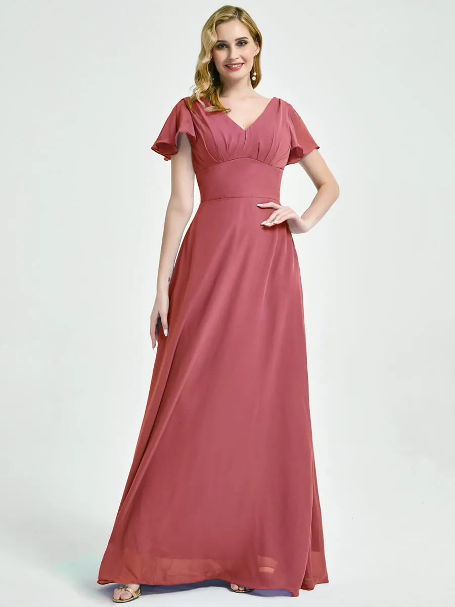 Desert Rose Ruffle Sleeve Backless Maxi Chiffon Empire Bridesmaid Dress