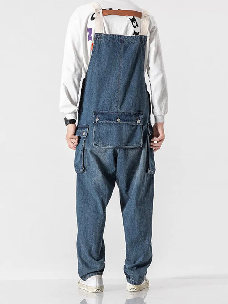 Distressed Denim Suspenders Multi-Pocket Overalls