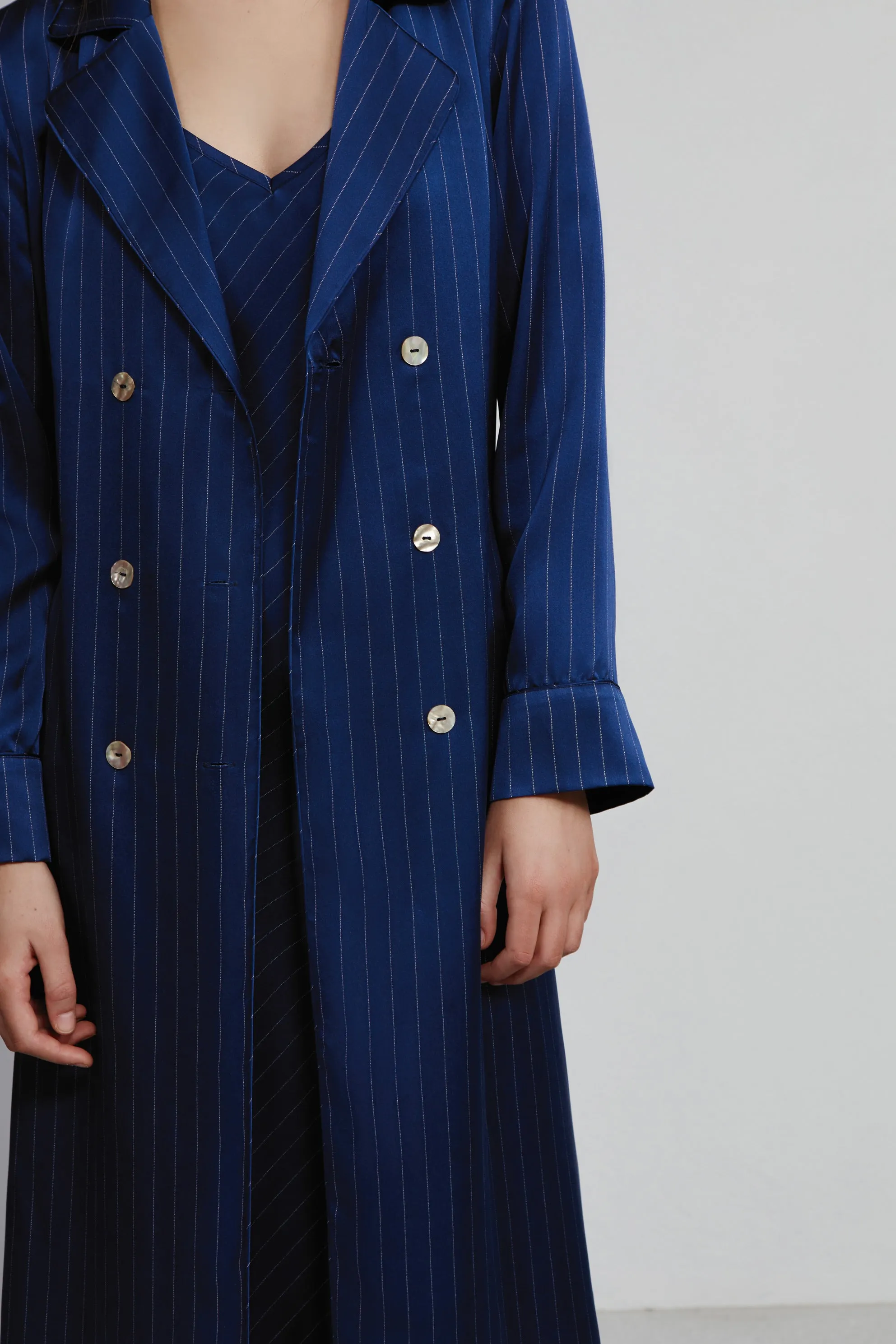 double breasted robe, navy pinstripe (sample)