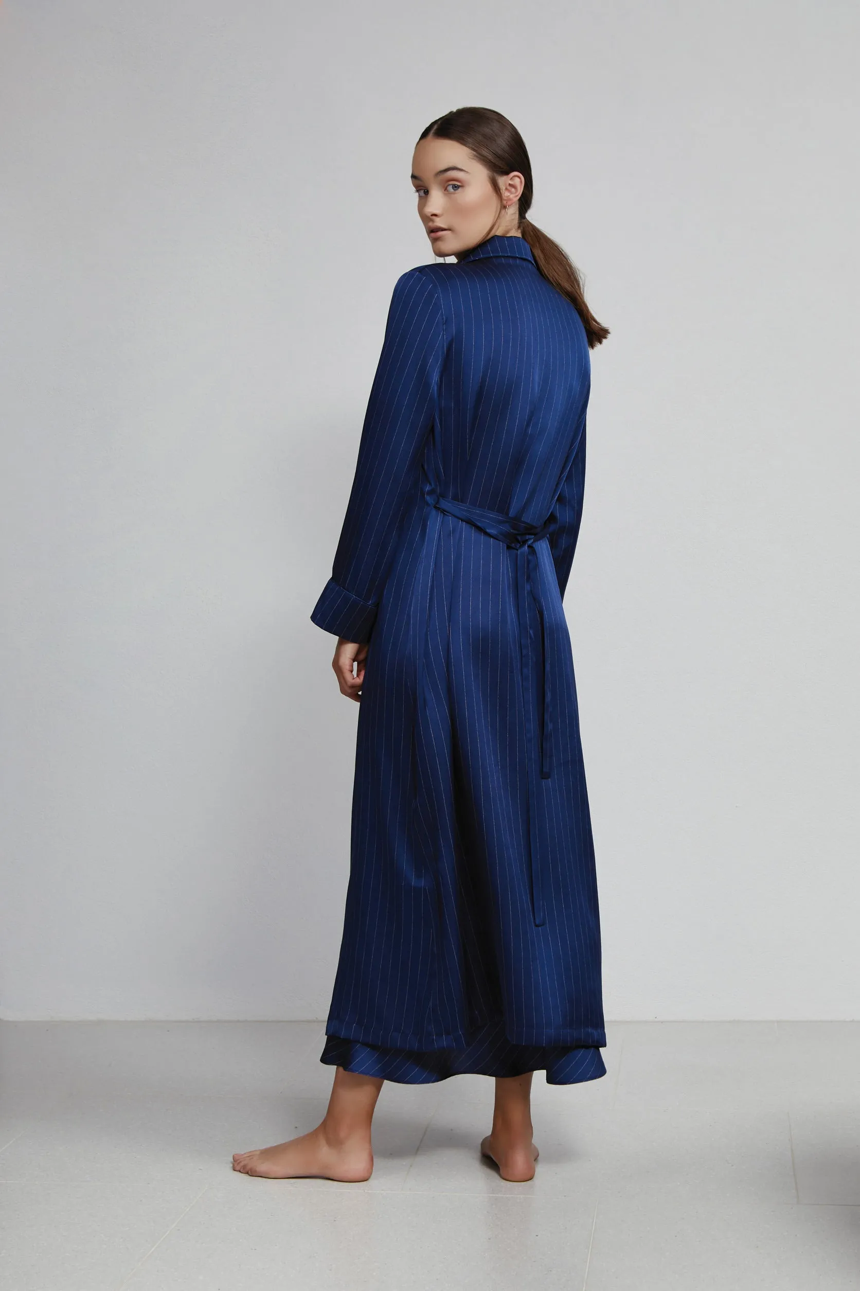 double breasted robe, navy pinstripe (sample)