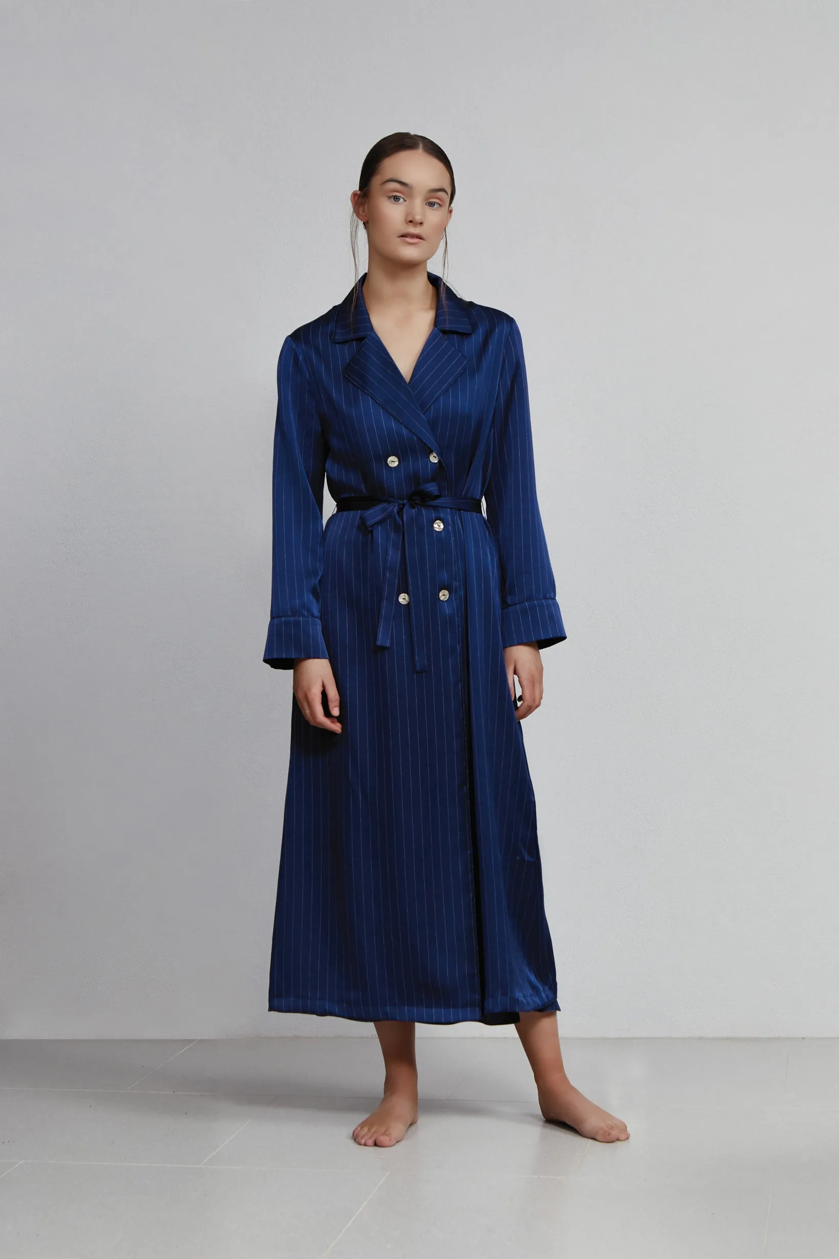 double breasted robe, navy pinstripe (sample)