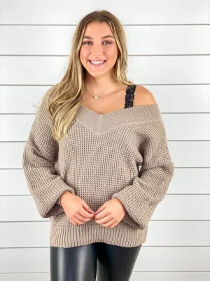 Double-V Waffle Knit Sweater - Mocha