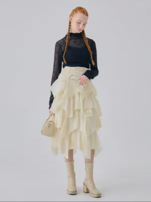 Drawstring Ribbon Tiered Long Skirt
