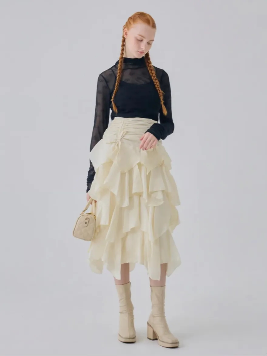 Drawstring Ribbon Tiered Long Skirt