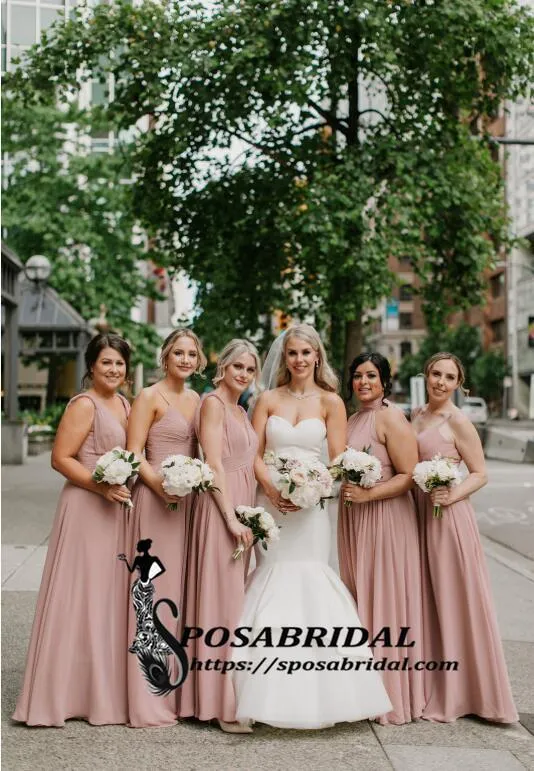 Dusty Pink  Long Sleeveless Mismatched Cheap Chiffon Bridesmaid Dresses, WG305