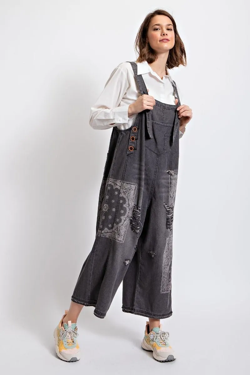 Easel Washed Denim Bandana Jumpsuit Charcoal