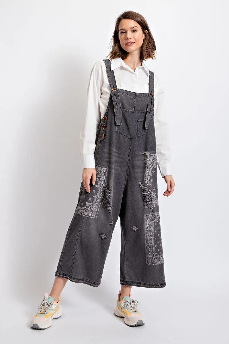 Easel Washed Denim Bandana Jumpsuit Charcoal